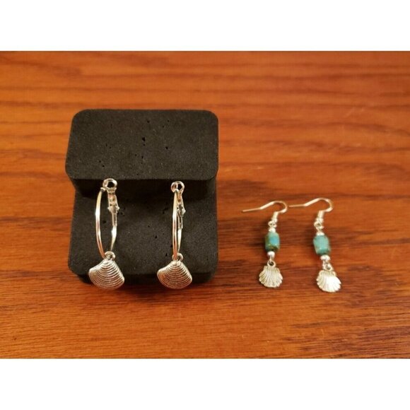 Natural Turquoise Earrings Etched Sea Shell Beach Hoop Dangle Drop 2 Pair Set - Picture 6 of 6